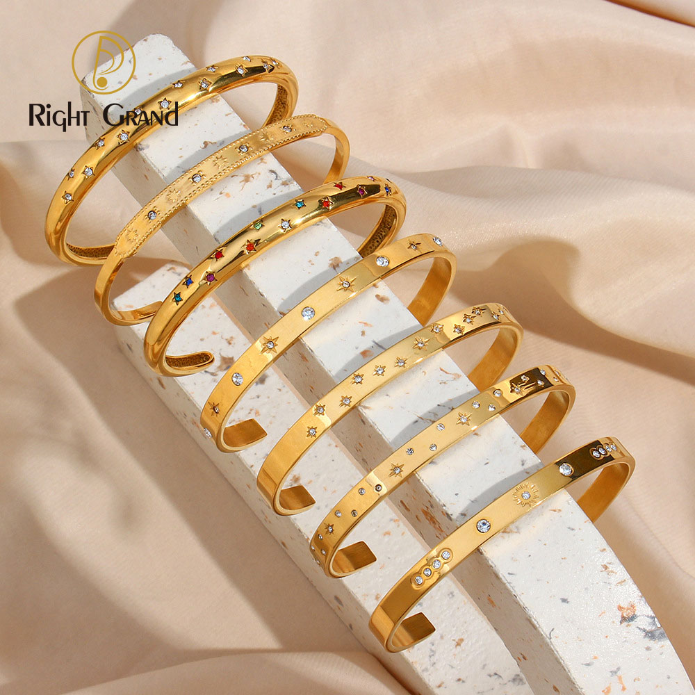 

Fashion Jewelry Open Cz Cuff Stainless Steel Bangle Round Zircon Stone Free Size Gold Plated Bangles Jewelry Set for Women
