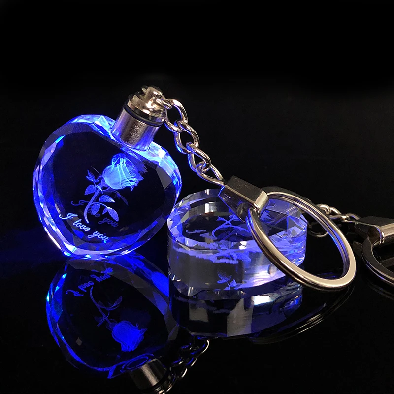 

Artificial Crystal Rose Flower Heart keychain clear crystal led Keyrings Key Chains Lovers Couples keychain Valentines Day Gift