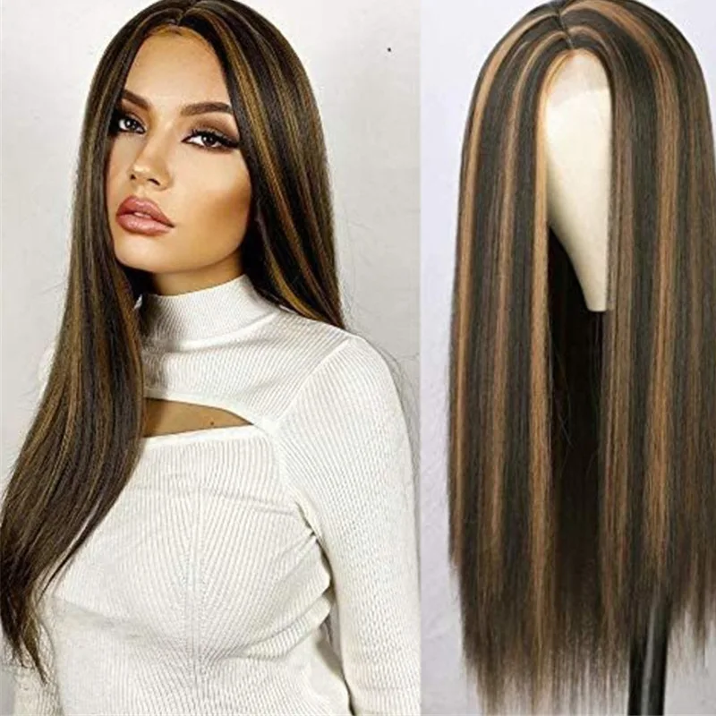 

Straight Highlights Synthetic Hair Wigs 28 Inch Colored Piano Hair Wig For Women Peruvian Straight 150% Non-Lace Frontal Wigs