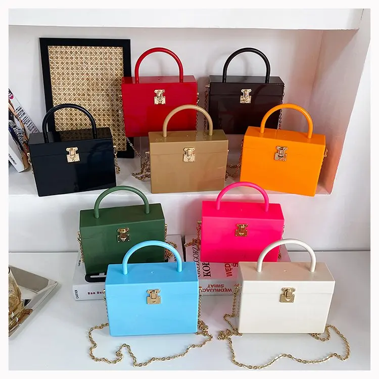 

Drop shipping Acrylic Handbags Transparent tote bag for ladies fashion square metal jelly bag handbag for ladies PVC handbag, Multicolor