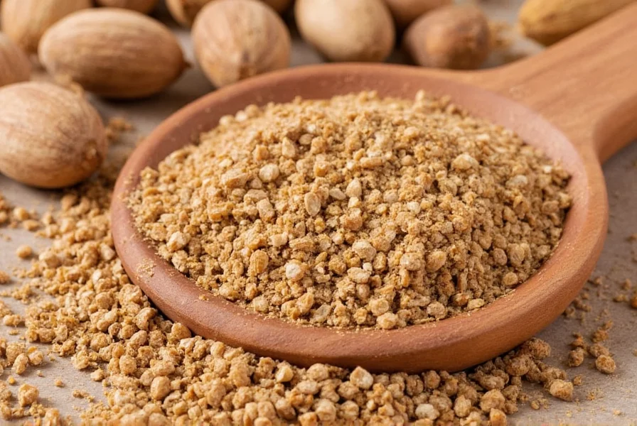 Close-up photography of ground nutmeg in a wooden spice bowl with measuring spoons, showing fine powder texture and warm brown color