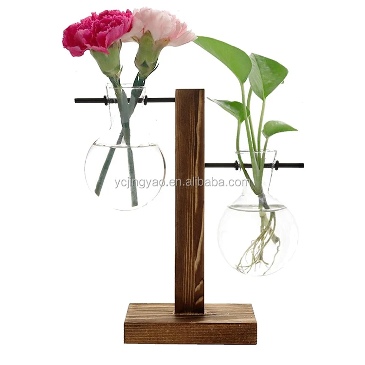 

Glass Planter Bulb Vase Desktop Plant Terrarium with Retro Solid Wooden Stand and Metal Swivel Holder, Clear