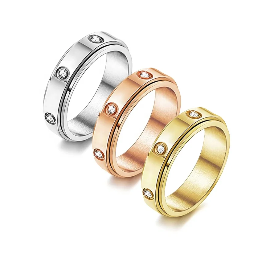 

High Quality Jewelry For Men Women Couple Stainless Steel Classic Zirconia Love Spinner Fidget Anxiety Ring Gold Plated, Picture shows