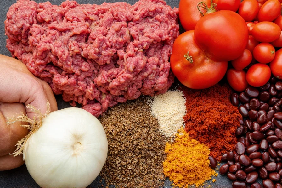 Close-up of ground beef chili ingredients arranged neatly: ground beef, onions, garlic, spices, beans, and tomatoes