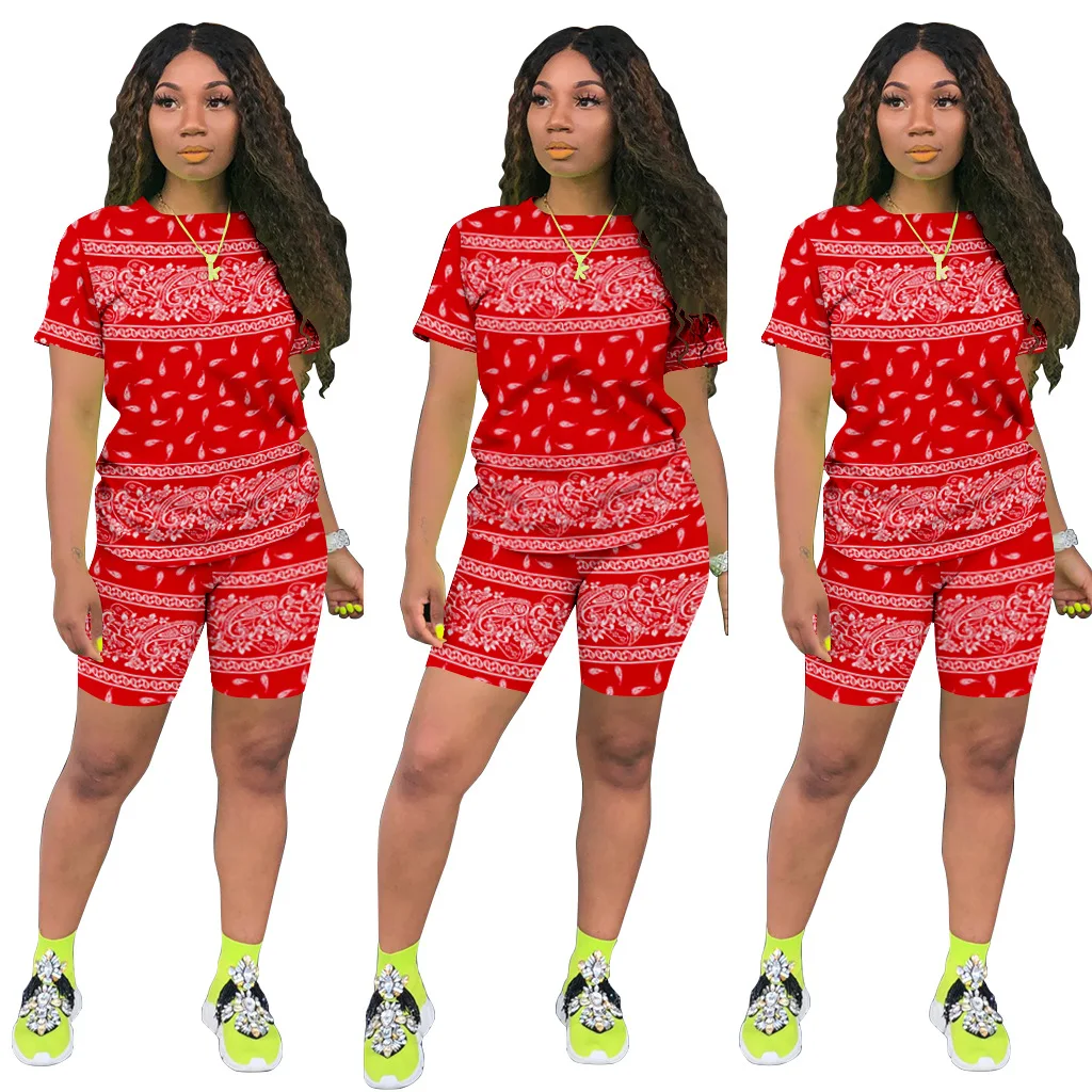 

Woman clothes 2021 trending summer 2 piece set women biker shorts set multicolor printed cotton stretch short sets for lady, Show