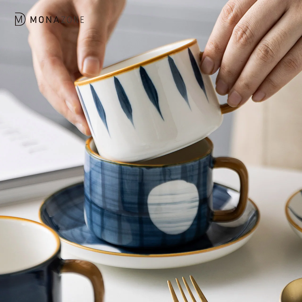 

MONAZONE Hand-Painted Milk Coffee Cup Set Japanese Retro Ceramic Mug With Saucer