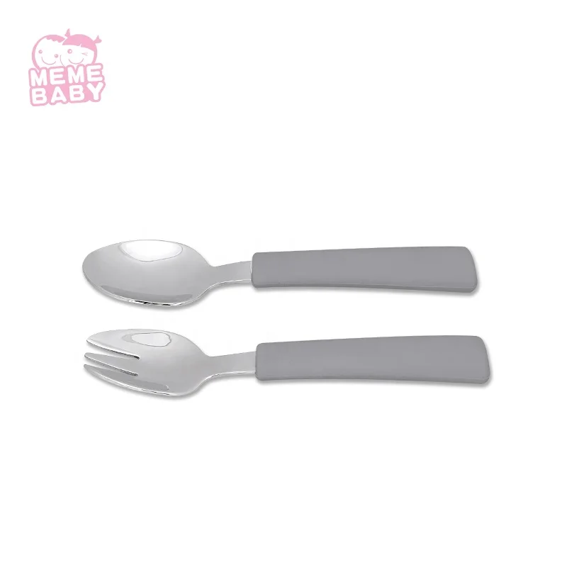 

Reusable Food Stainless Steel Silicone Fork And Spoon Set In A Case For Baby Infant Toddler Kid Eco Friendly BPA Free Custom, Yellow, grey, customized