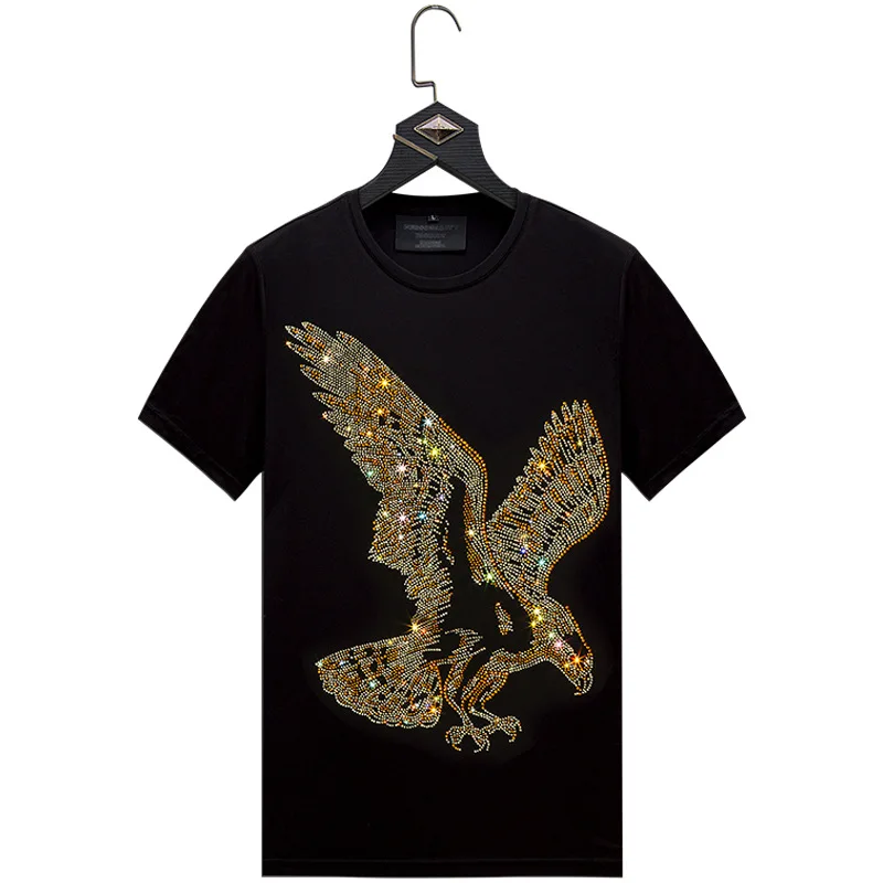 

Hot sale custom summer Mercerized cotton t shirt men eagle printing Casual rhinestone tshirts