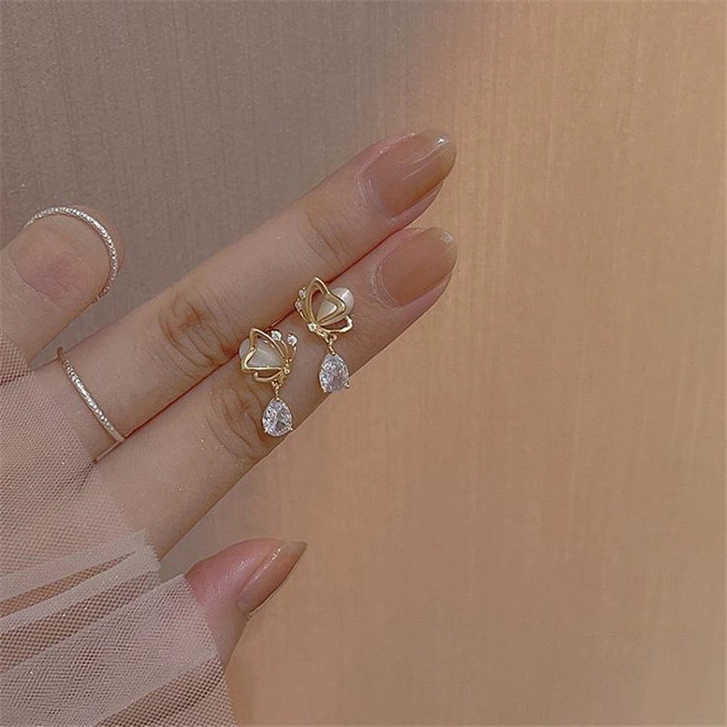 

pendiente Opal butterfly water drop zircon S925 silver pin earrings for female niche design temperament stud earrings women