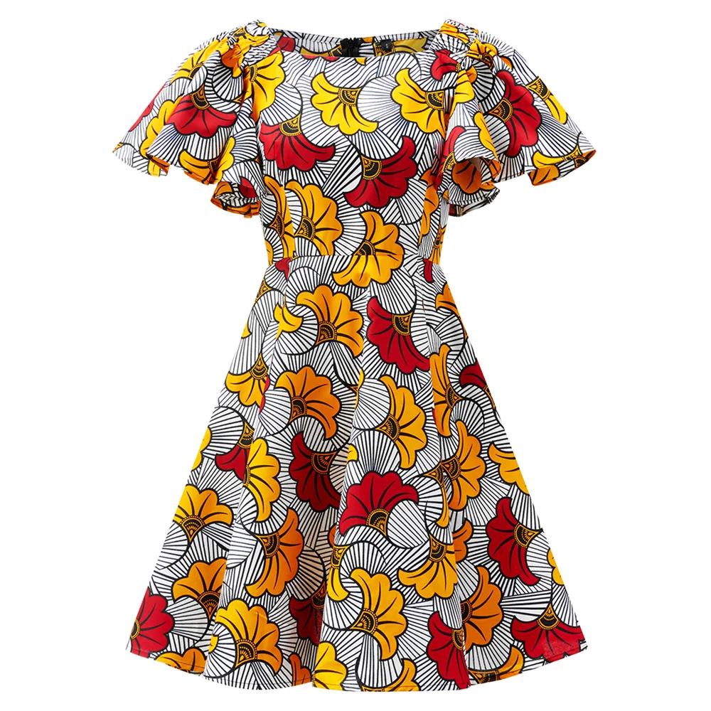 

2021 Hot summer new design women casual dresses African print design flare sleeve ankara dresses for women, Customized color