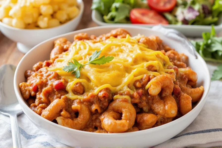 Family-friendly easy chili mac recipe served in bowls with cheese topping and side salad