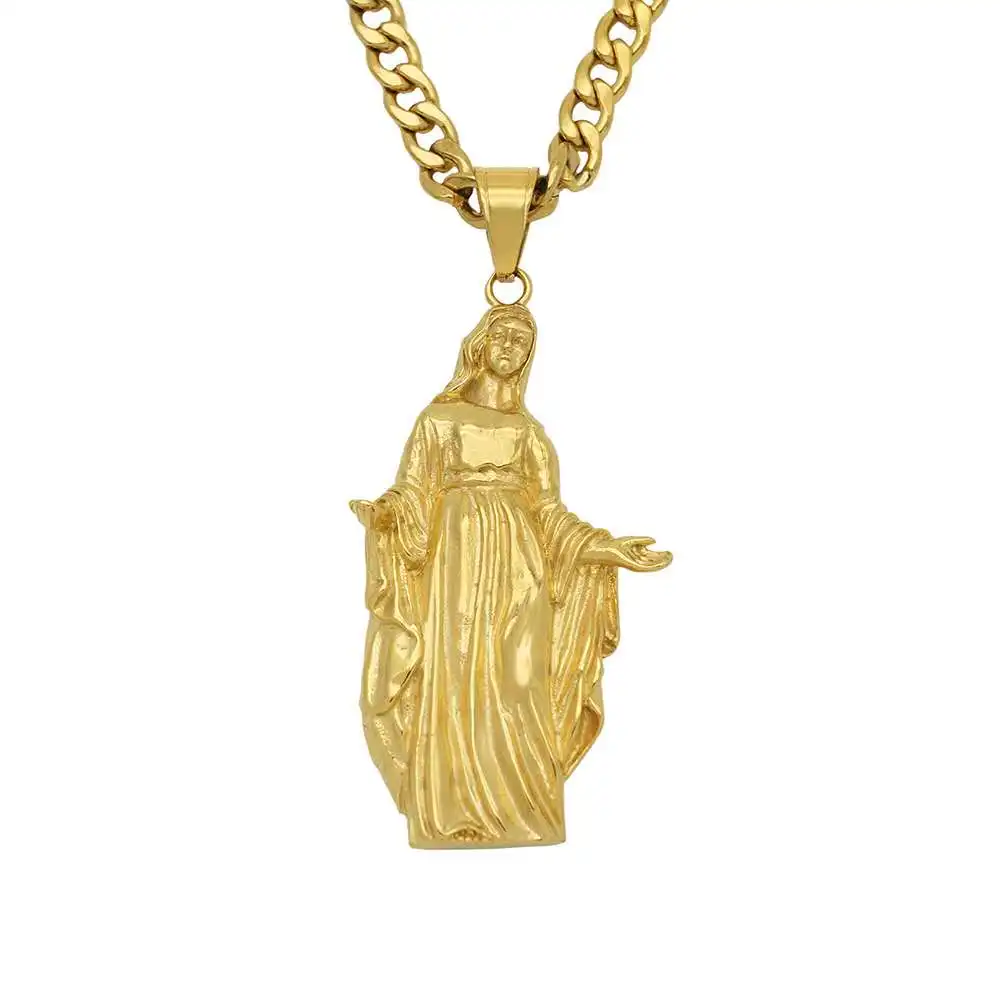 

Wholesale Fashion Design Brilliant Stainless Steel Virgin Mary Religious 18K Gold Plated Necklace Pendant Jewelry