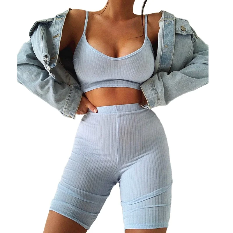 

JY-23171 2021 Summer Sexy Crop Top Short Set Women Clothing Ribbed Knited Two Piece Short Set Women, 4 as picture