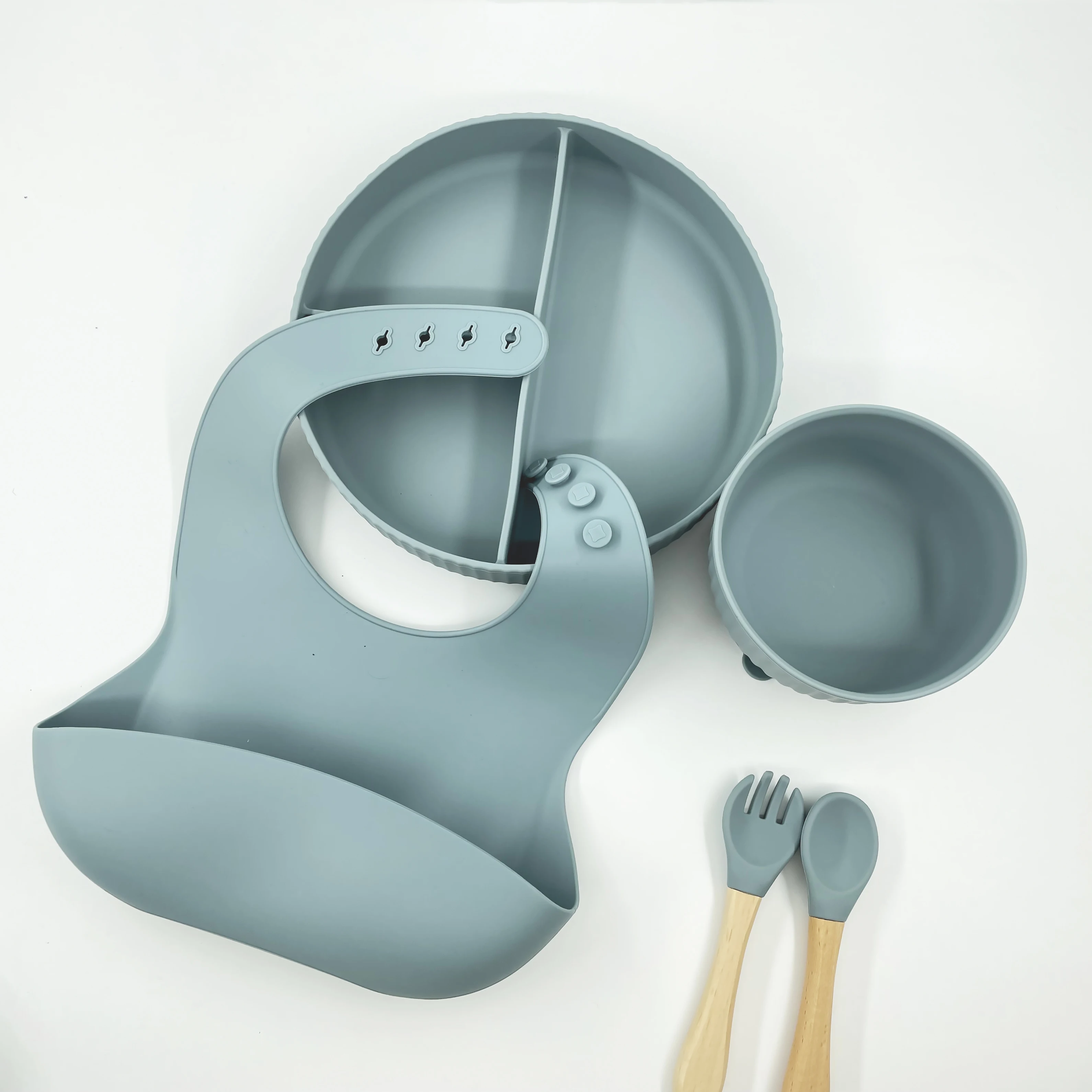

Customized Eco Friendly Non-toxic Suction Plate Spoon Fork Silicone Bib BPA Free Bowl Baby Feeding Set