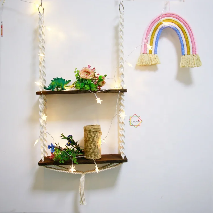 

fine decor 2 tier Cotton Rope Floating macrame shelf wall hanging Plant Wall Shelf Boho Chic Decor, Different colors
