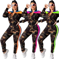 

Autumn winter 2 piece set contrast color camouflage women sportswear hoodies FM-CM609