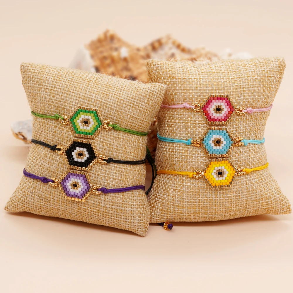 Go2BoHo Geometry Fashion Colorful Miyuki Seed Beaded Handmade Woven Evil Eye Bracelets for Women Jewelry