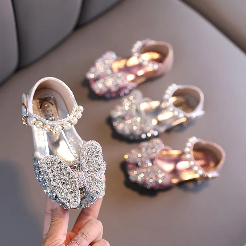 

2021 kids shoes spring and summer new children's princess shoes soft sole bow knot crystal girls dress shoes