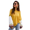 Streetwear Slash Neck Women Clothing Casual Knit Stitching Top Jumper Pullover Patchwork Print Long Sleeve Sweater T-shirt