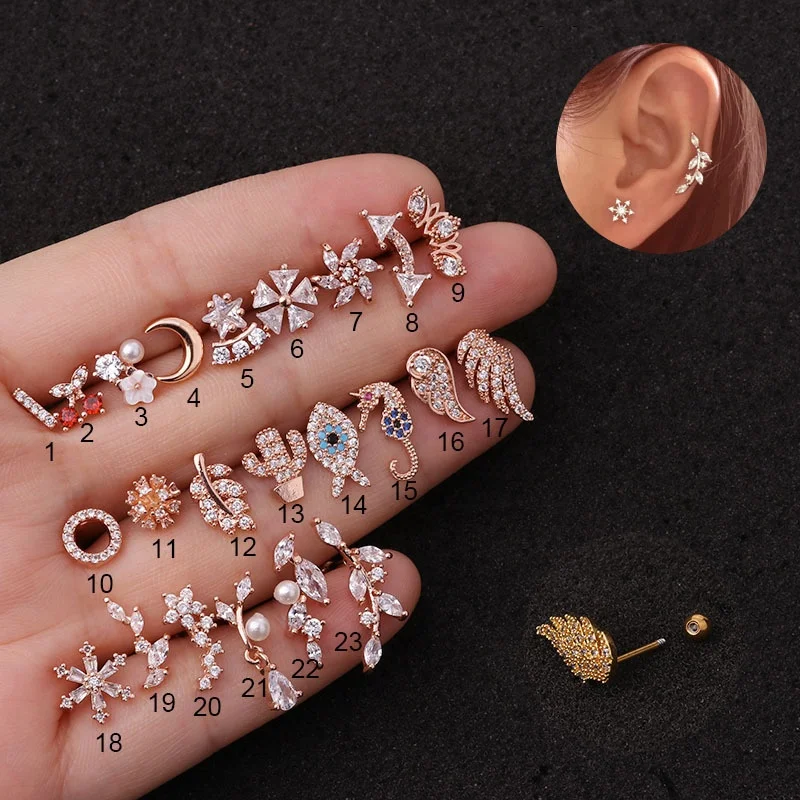 

SUNRAIN 23pcs/lot New 20g Dainty White/Yellow /Rose Gold Stainless Steel Daith Cartilage CZ Ear Tragus Piercing Jewelry, As the picture show
