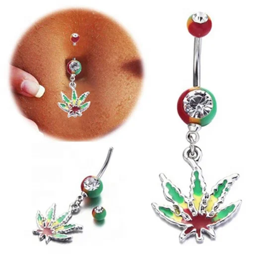 

Green Leaf Belly Bar Medical Anti Allergy Maple Navel Ring Nailing Jewelry Fashion Body Piercing Jewelry Medical allergy - proof, Green white diamond color, light green,colours