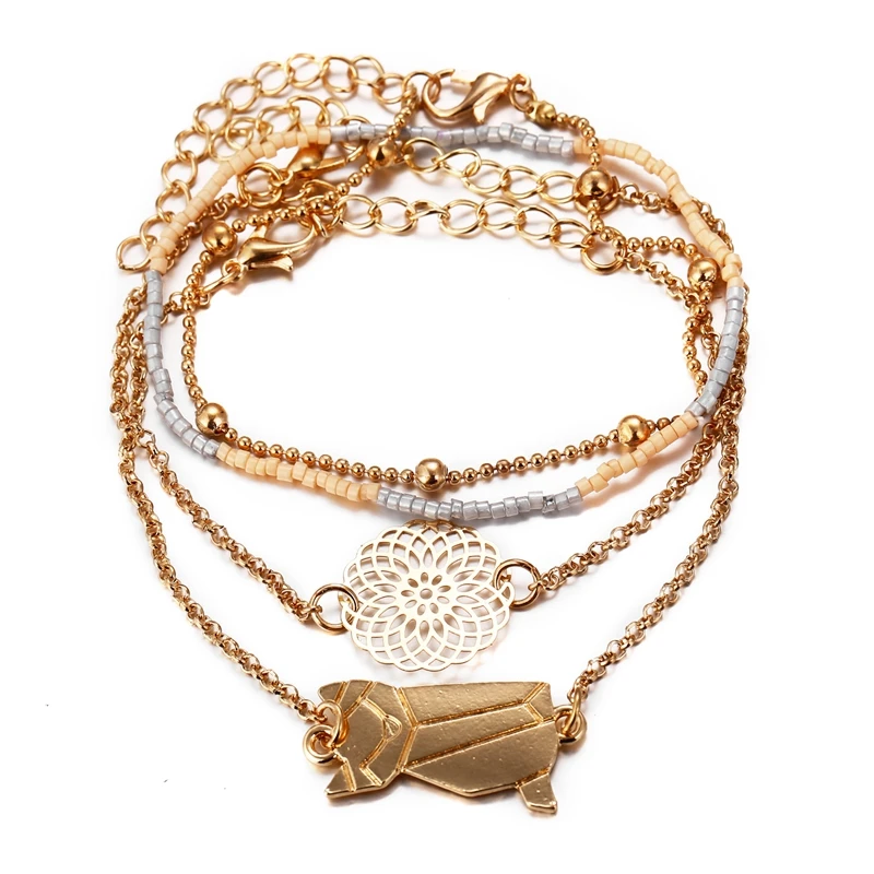 

Cute Gold Plated Cat Charm Bracelet Beads Chain 4 PCS Jewelry Set Bracelets for Women