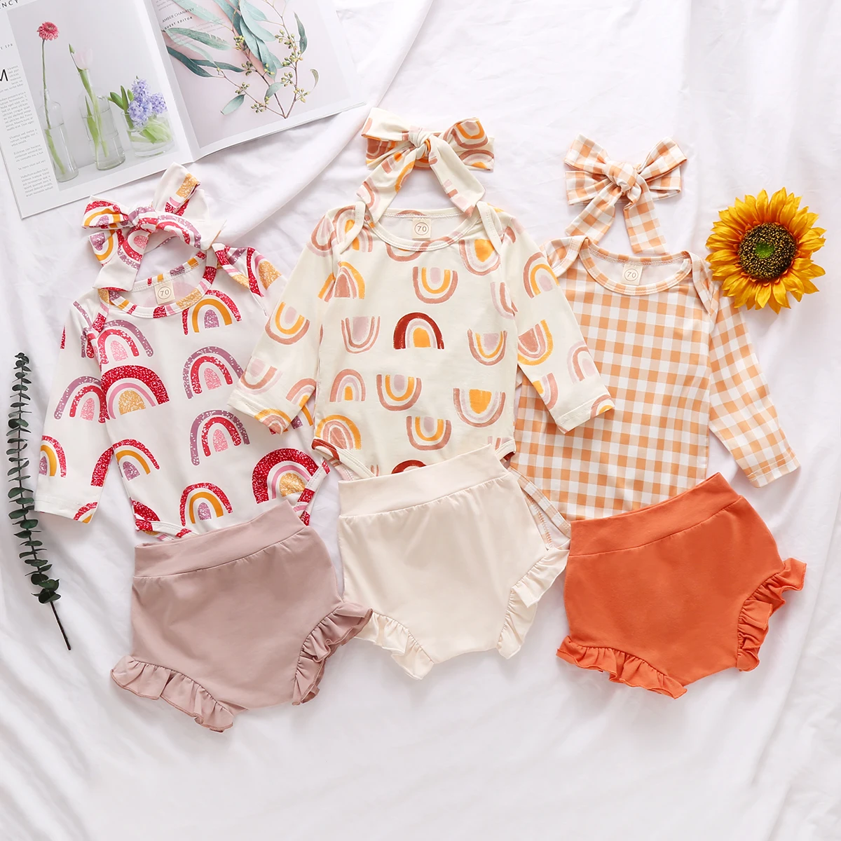 

2021 Infant Baby Girls Boys Cotton Clothes 0-24M Autumn Baby Rainbow Print Romper Tops+Ruffle High Waist Shorts+Headband Outfits, Picture