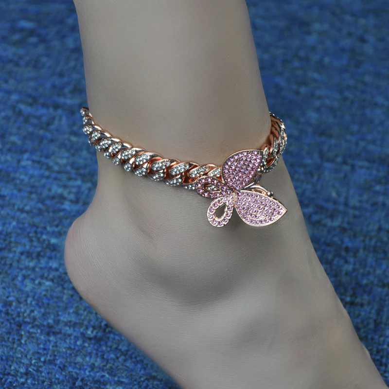 

2021 Fashion Hip Hop Gold Plating Miami Cuban Chain Butterfly Ankle Bracelet Rose Gold Silver Butterfly Anklet for Women