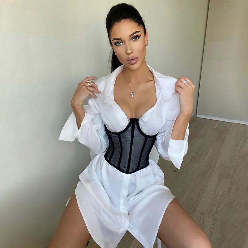 

2021 spring women clothing qzbaoshu stylish sexy corset dress long sleeve shirt dresses for women trendy