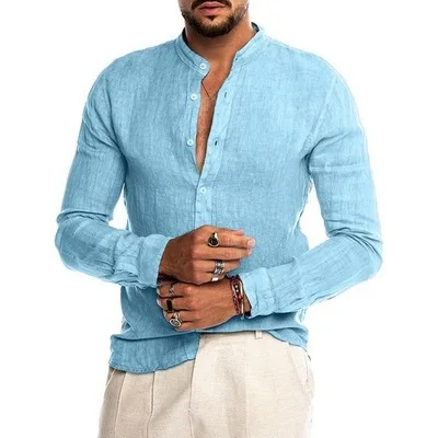 

Autumn And Winter V-Neck Linen New Cardigan Stand-Up Collar Long-Sleeved Plus Size Shirts For Men