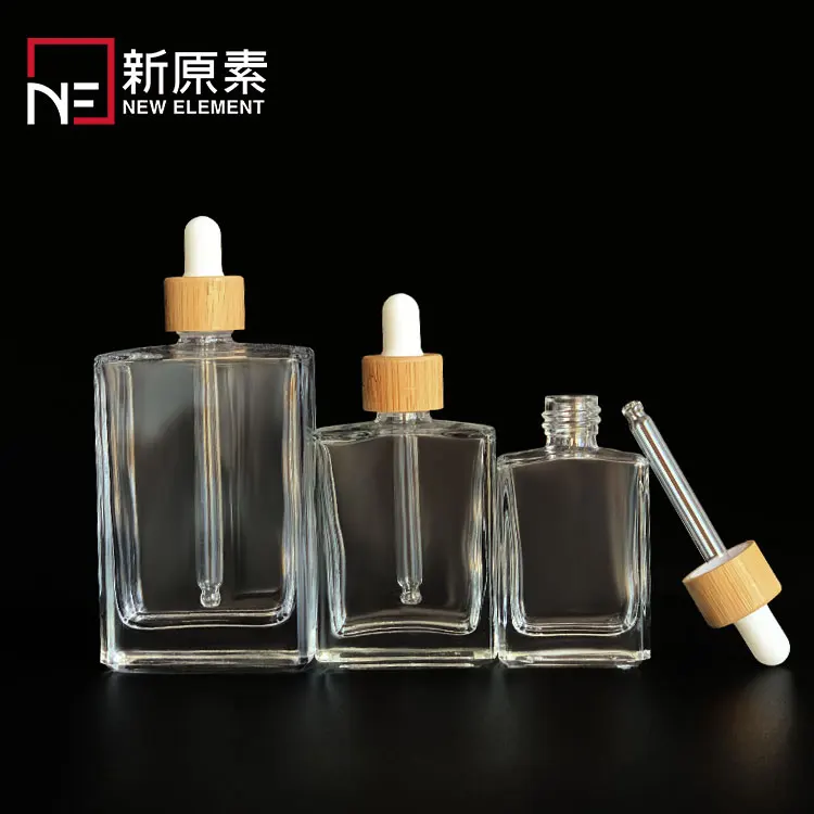 

30ml 50ml 2 oz 100 ml clear square glass dropper bottles with bamboo ring