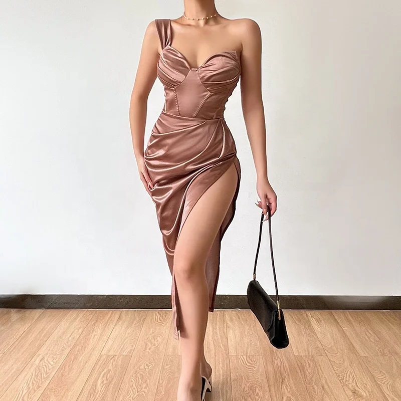 

YD Fashionable high quality dress brands women s dresses sexy blank ruffle one shoulder bandage dress with slit