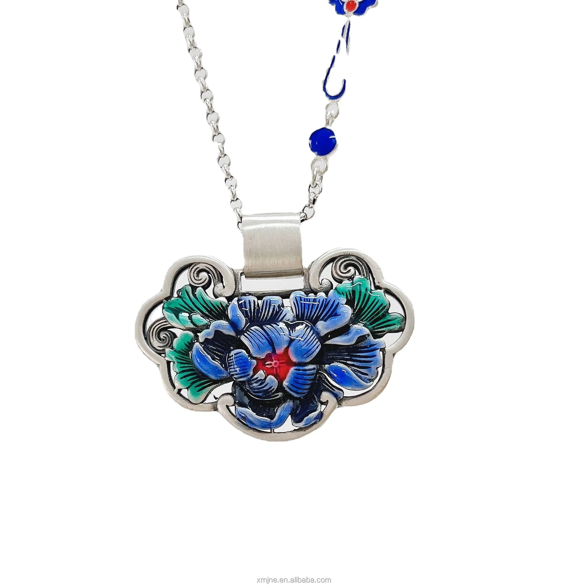 

Certified S999 Peony Flower Padlock National Fashion National Enamel Color Burning Blue Rich Peony Women's Double-Sided Pendant