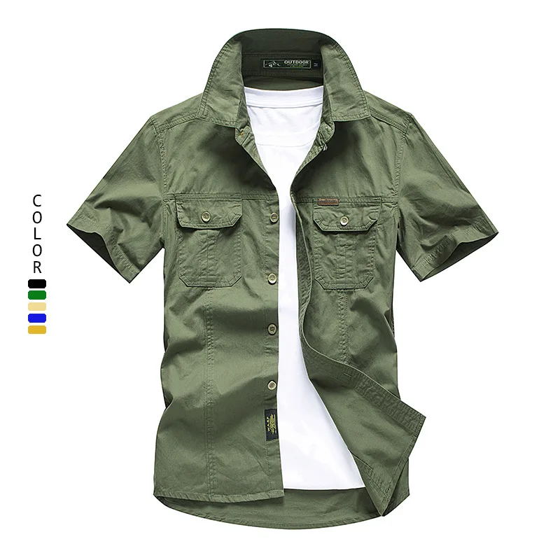 

YD - 067 Amazon Hot selling popular summer men's green cargo shirt with pocket short sleeve cotton covered button shirt for men
