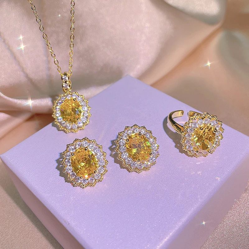 

RisingMoon 3pcs Luxury Adjustable Gold Plated Round Yellow CZ Diamond Engagement Jewelry Set