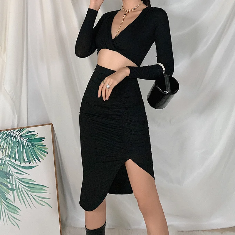 

s372a 2021 new crop sexy T-shirt high waist buttock skirt casual suit, Black