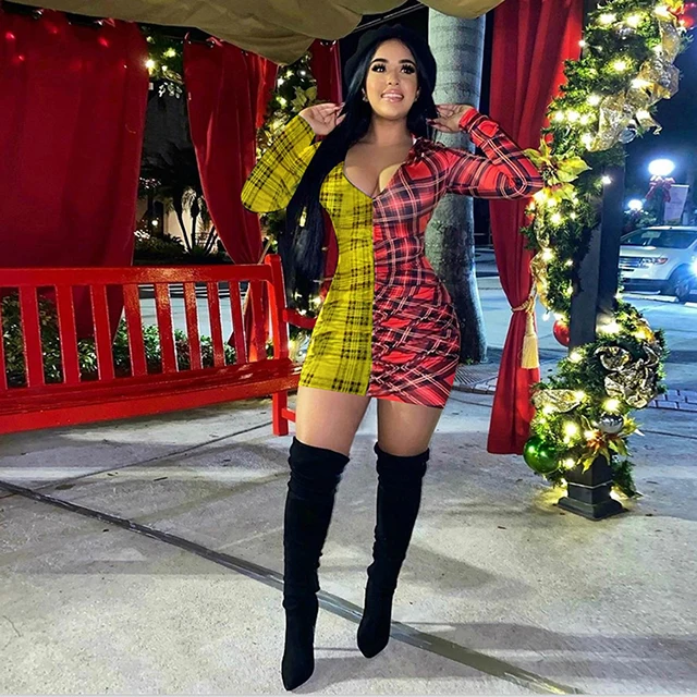 

Fashion Contrast Color Patchwork Casual Mini Dresses Charming Plaid V Neck Long Sleeve Short Dress -SM, Yellow/red