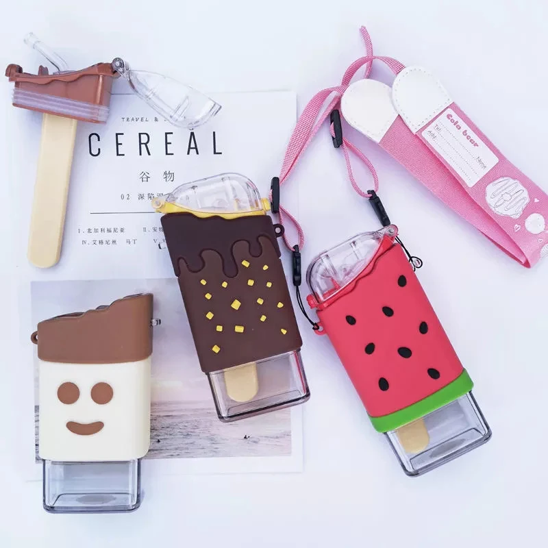 

Plastic Water Bottle With Straw Square Watermelon Cup Leakproof Tritan Bottle BPA Free Cute Cup