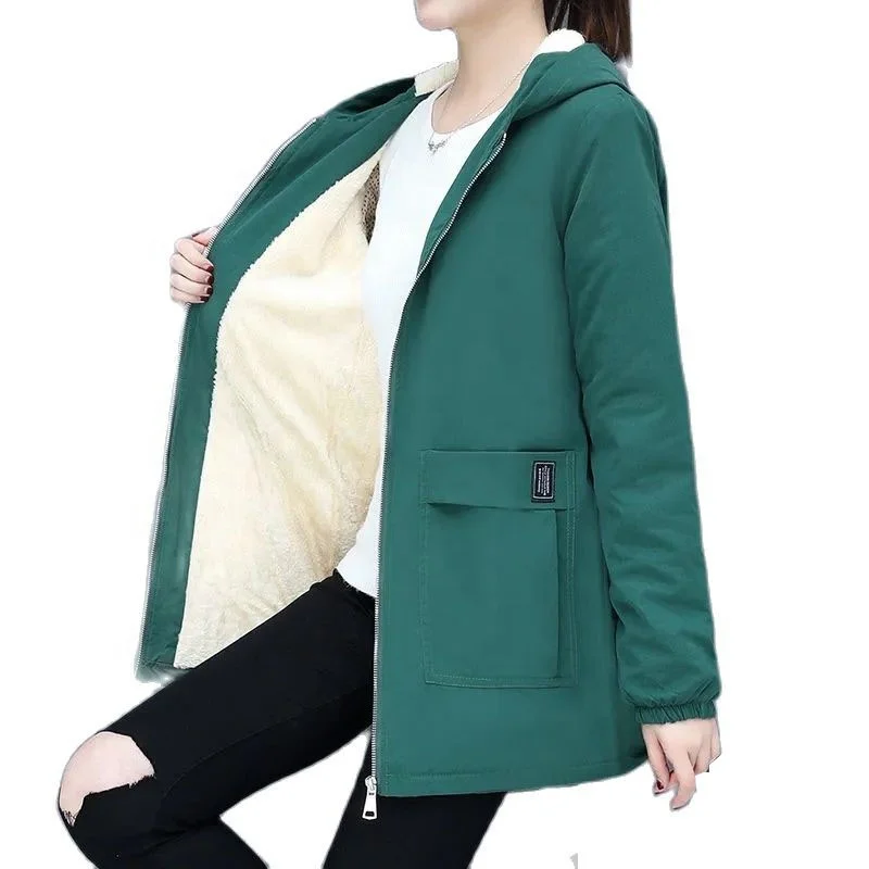4XL Women Windbreaker 2022 New Autumn Women's Fleece Jacket Coats Loose Hooded Mid Long Overcoat Zipper Pocket Female Basic Coat