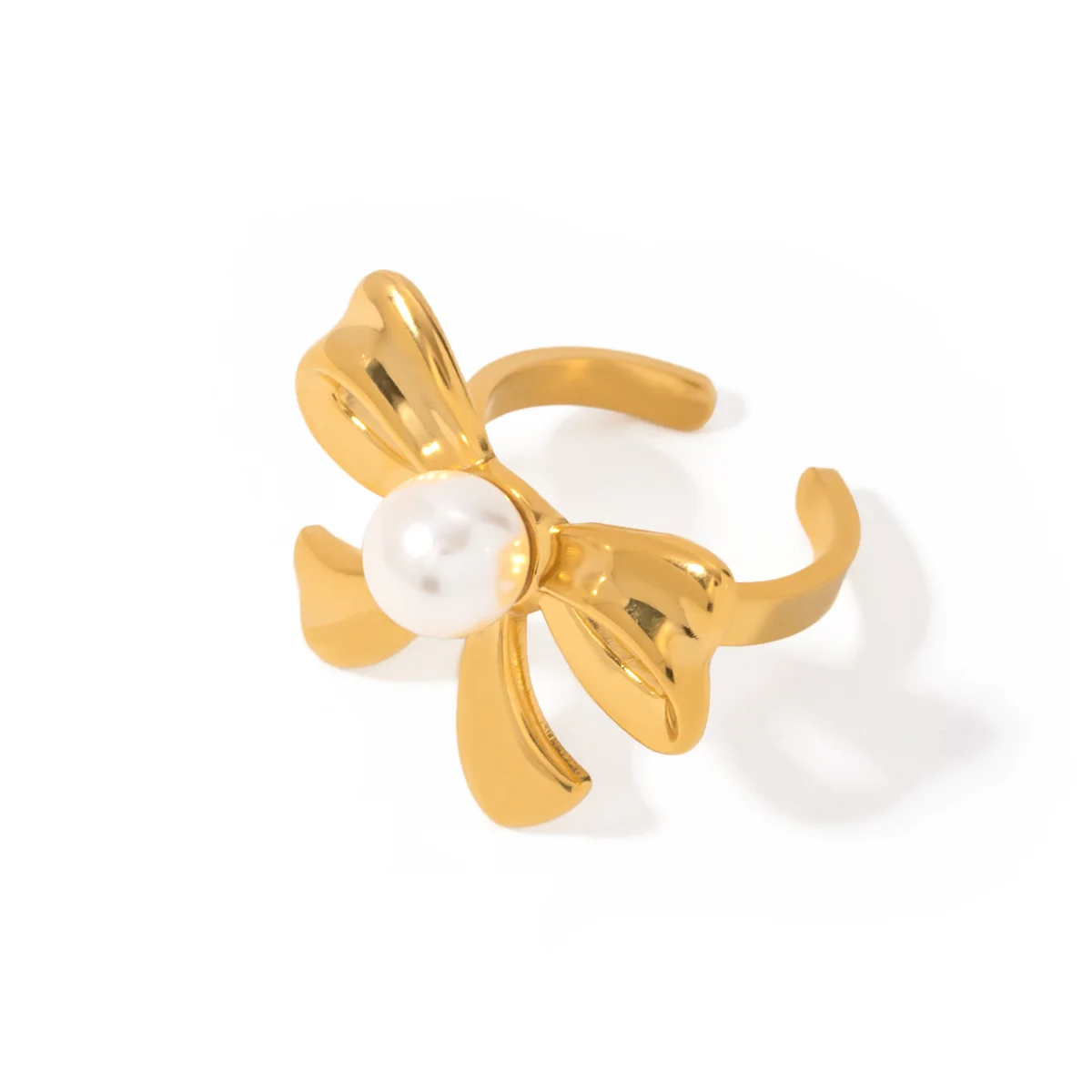 

J&D Trendy Dainty Stainless Steel Bow Knot Rings 18K Gold Plated Bow Design Open Ring With Pearl