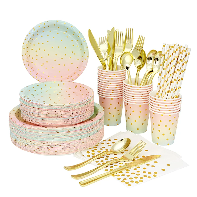 

Colorful with gold pot 8-Piece Party Disposable Dinnerware Hotel Paper Plate Paper Cup Napkin Straw Set in Tableware