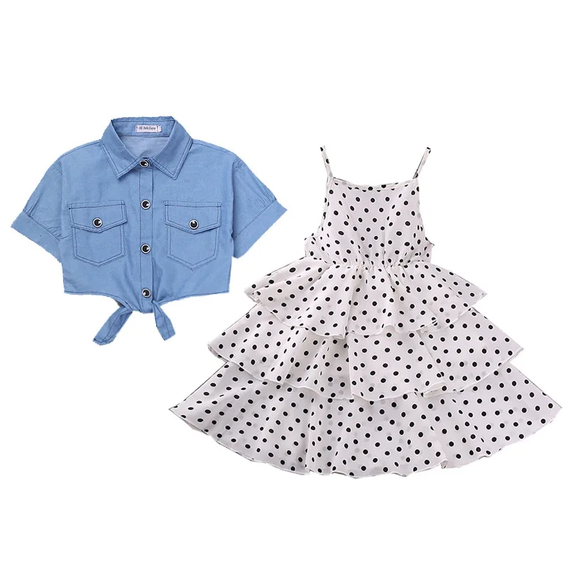 

Teenagers Girls Clothing Set Summer Sling Polka Dot Dress+Denim Short Sleeve Coat Top 2PCS Suit Girls Clothing, As picture