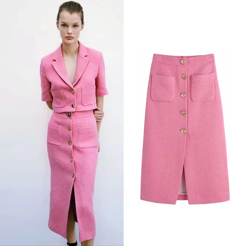 

2021 fashion woman pink package hip skirt lady elegant button slit dress women bodycon middle dress for workplace, Picture color