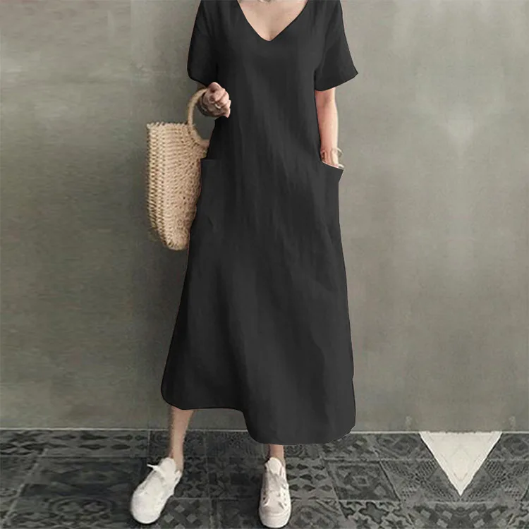 

2021 spring literature and art national style Creative models retro women's cotton and linen V-neck big swing dress, As pictures