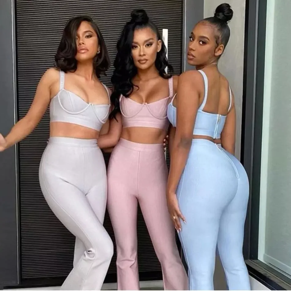 

Fashion sexy bandage 2-piece set sleeveless blouse and high-waist flared pants suit, Optional