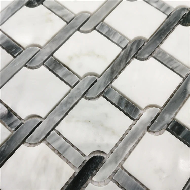 OEM 325*300MM Natural Stone Polish White Grey Waterjet Parquet Marble Mosaic Tiles Back Splash Wall Tiles