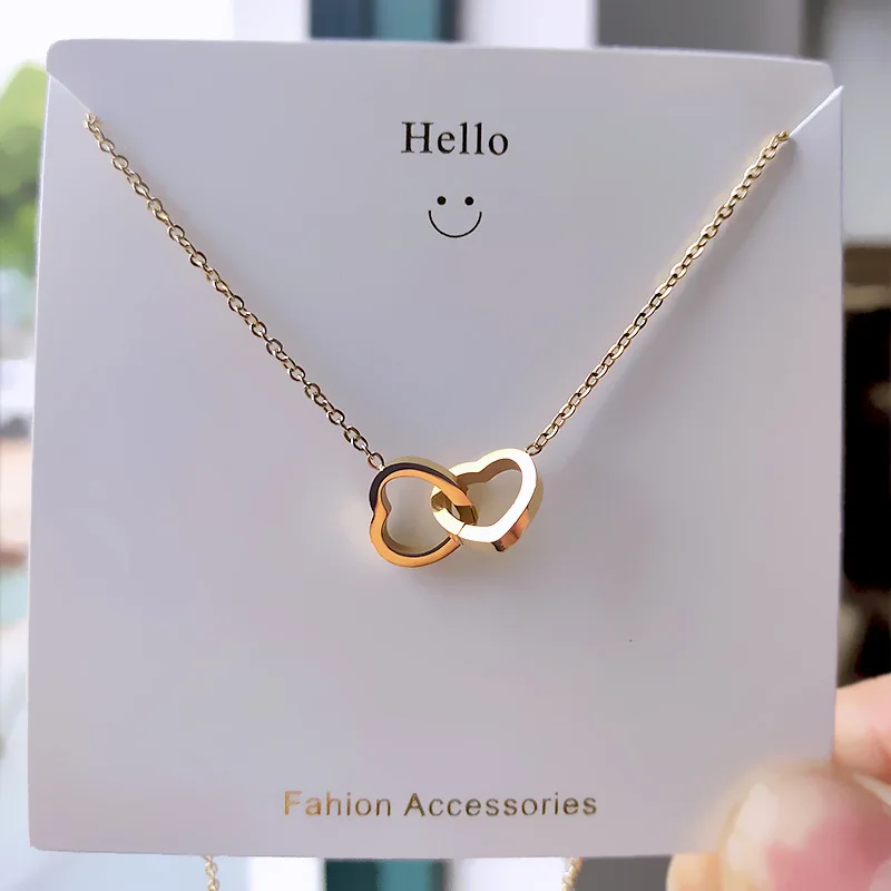 

High Polish 316L Stainless Steel Double Heart Necklace for Girls Valentine's Day Gift Titanium Steel Interlock Heart Necklace, As pic show