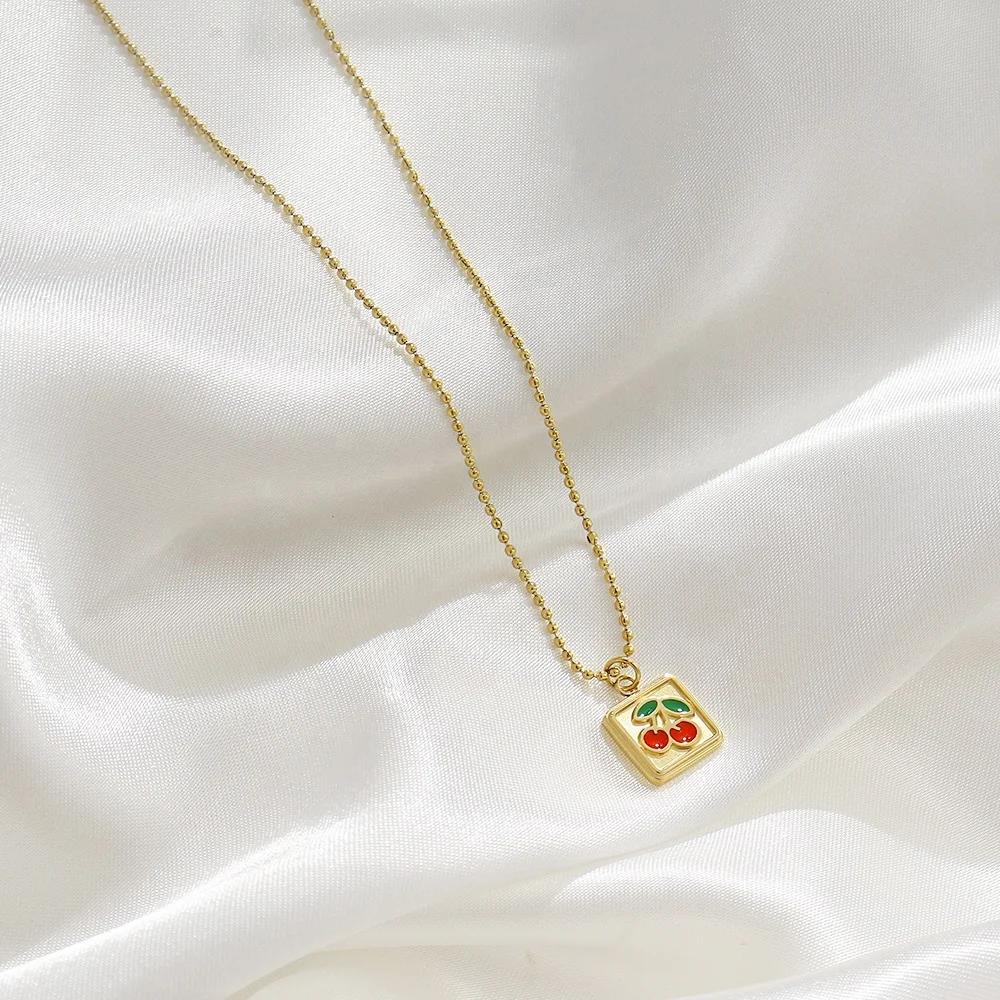 

Fresh Summer Small Cherry Enamel Square Pendant Necklace Round Bead Chain Necklace for Girls, Gold