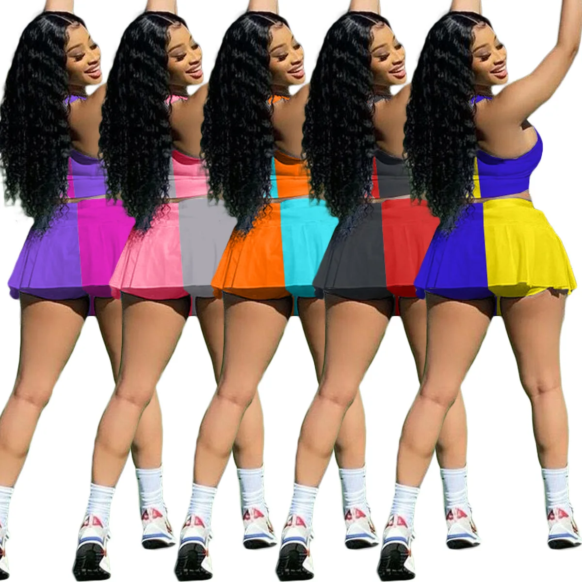 

2021 women clothing Fashion Casual Sexy Solid color Sports vest Culottes clothing Mini Pleated Women skirt sets, Picture shows