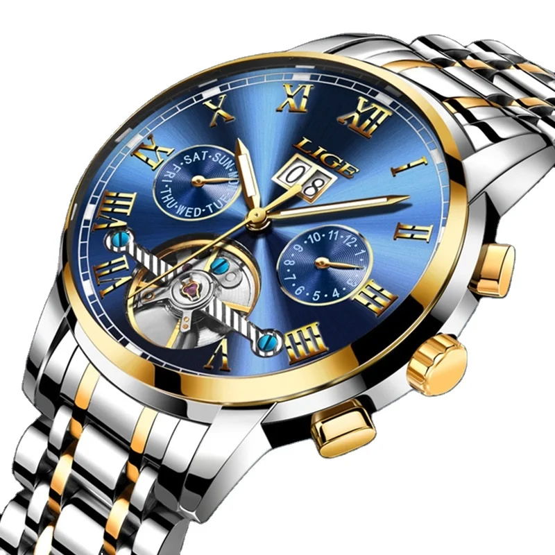 

Hot Sale Luxury men's mechanical watch Stainless Steel Band Gold Blue Dial Calendar Hour Clock Gentleman Chronograph Wristwatch